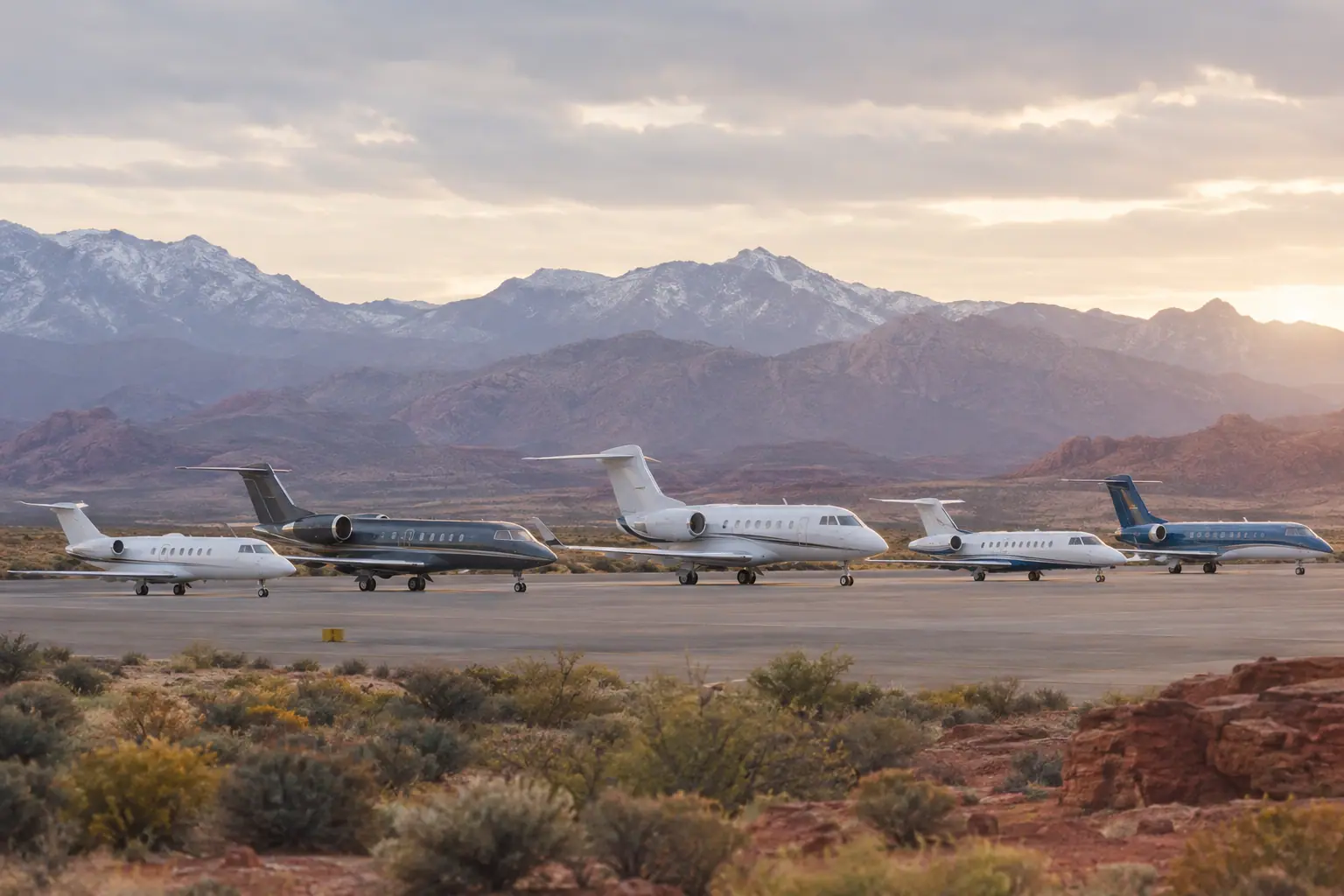 Business jets of different sizes on a ramp