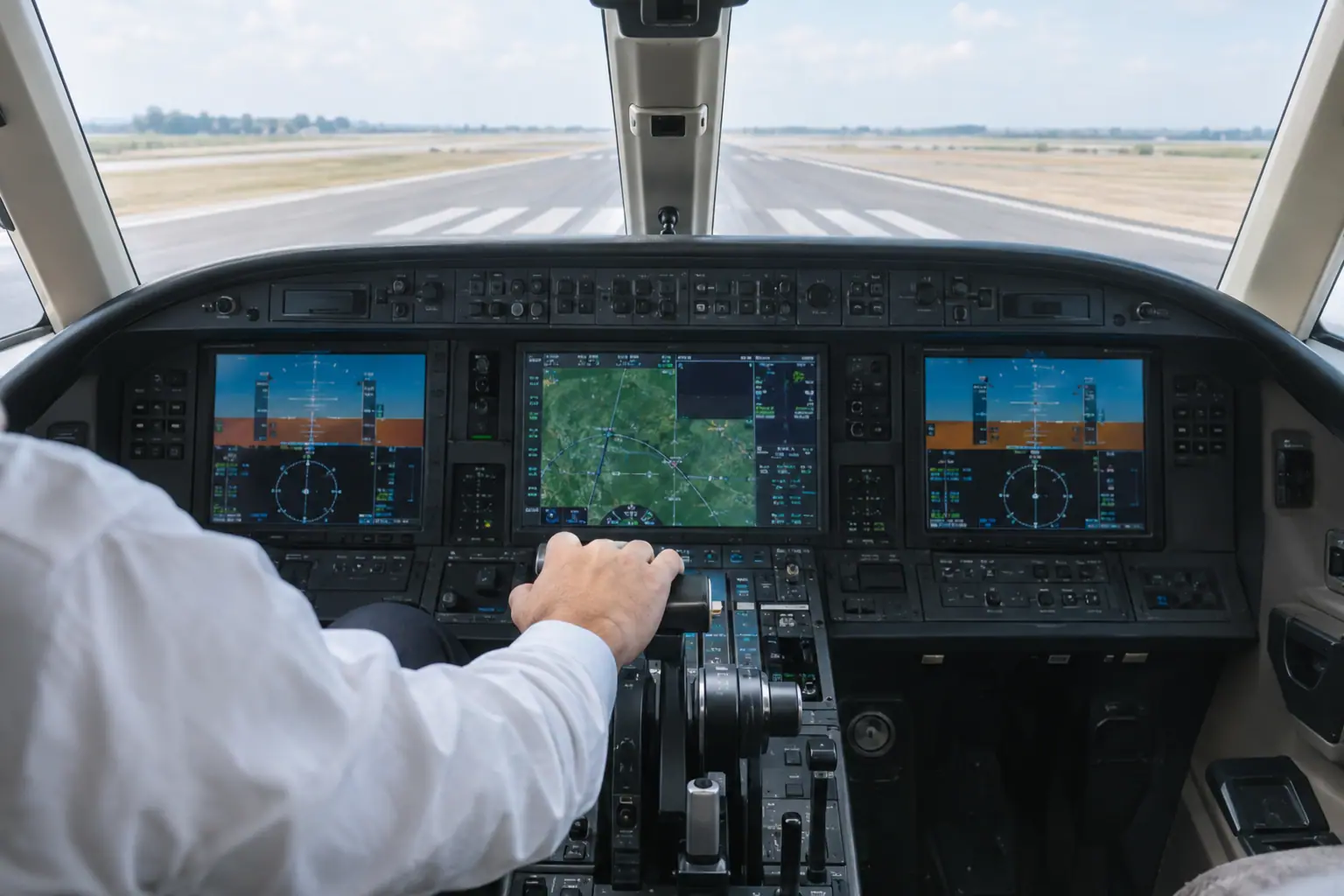 Business jet cockpit before departure
